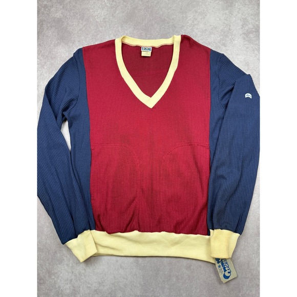 VTG 70s 80s Laguna Men L Color Block V Neck Waffle Knit Thermal Red Pullover USA
